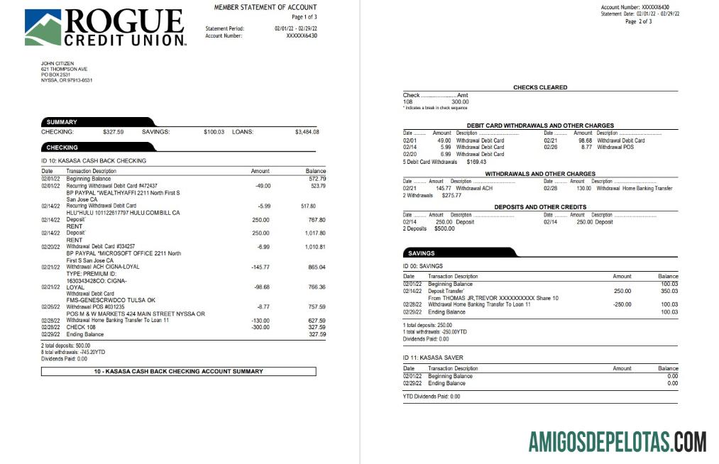 Modelo de extrato bancário Rogue Bank de 3 páginas dos EUA Oregon